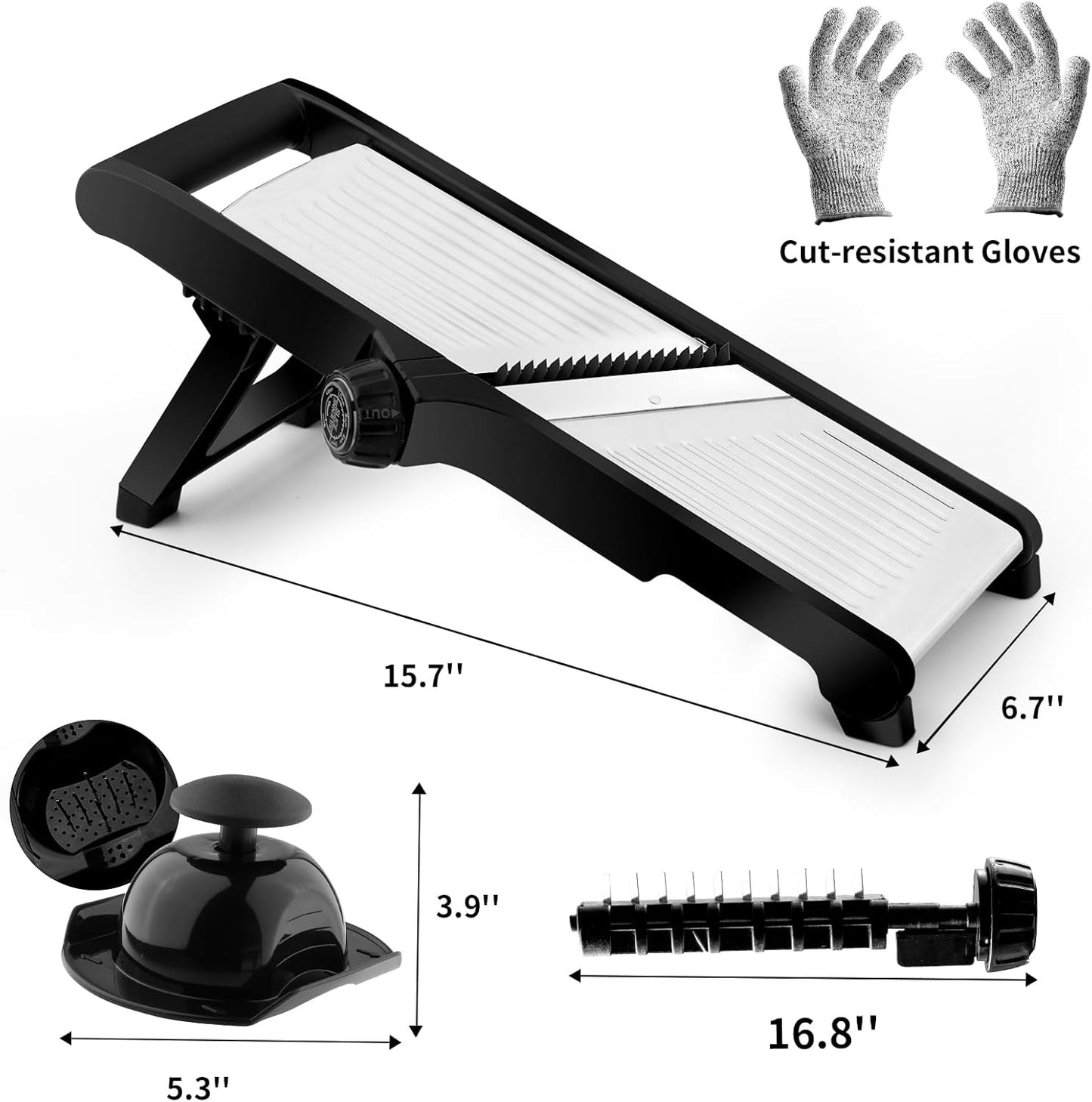 Mandoline Slicer, Adjustable Mandoline Slicer for Kitchen, Stainless Steel Mandolin Vegetable Chopper for Potato, Julienne Cutter with Cut-Resistant Gloves, Black