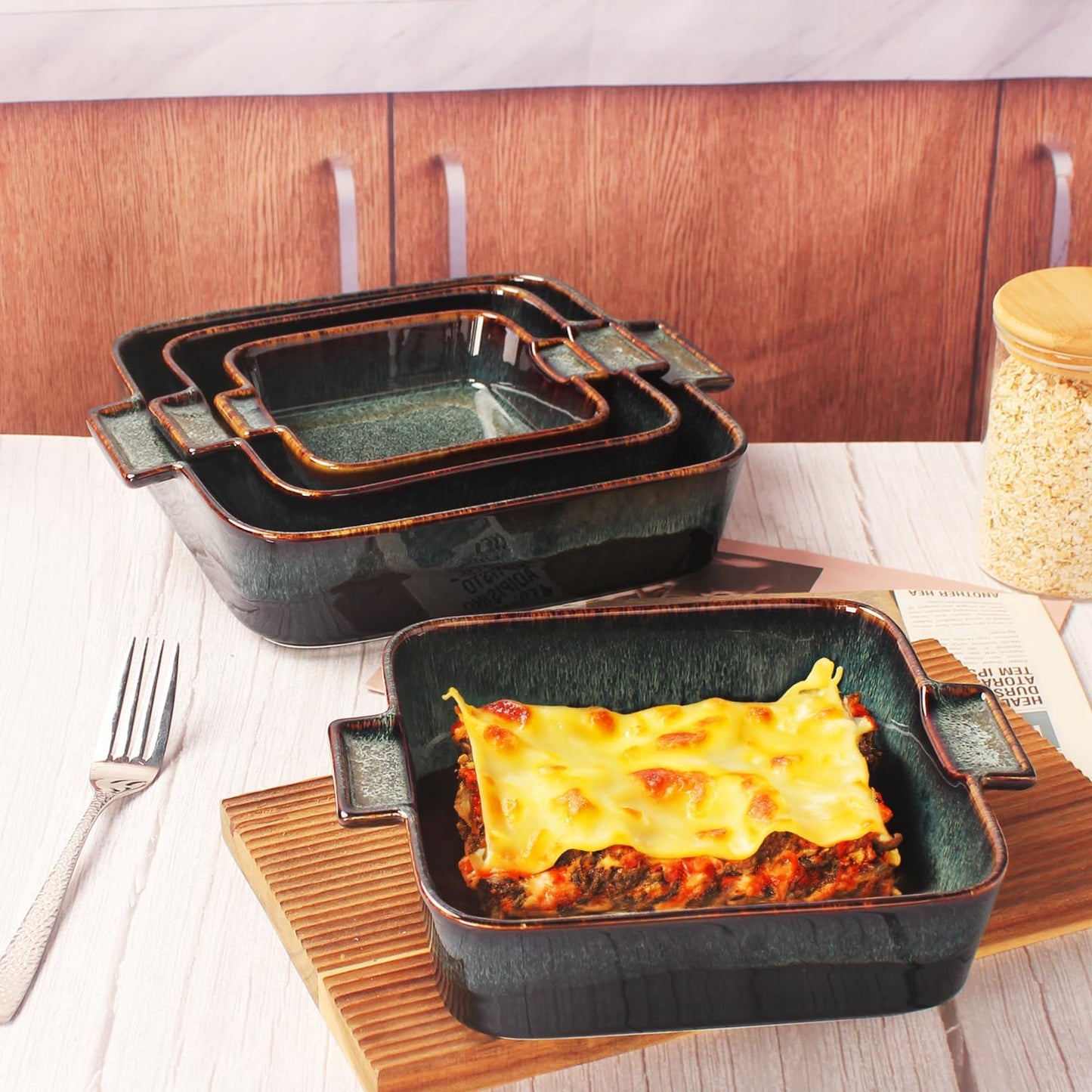 Ceramic Casserole Baking Dish - 1 Quarts Baking Dish for Oven, Lasagna Pans, Oven Safe Durable Bakeware for Kitchen Home Decor, Banquet and Dinner, Square 2 pieces 7.5 x 7.5 Inch