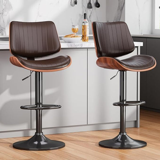 Swivel Bar Stools Set of 2, Adjustable Bentwood Barstools for Kitchen Counter, Modern PU Leather Upholstered Bar Chair with Back and Footrest, for Kitchen Island, Bar, Dining Room, Brown