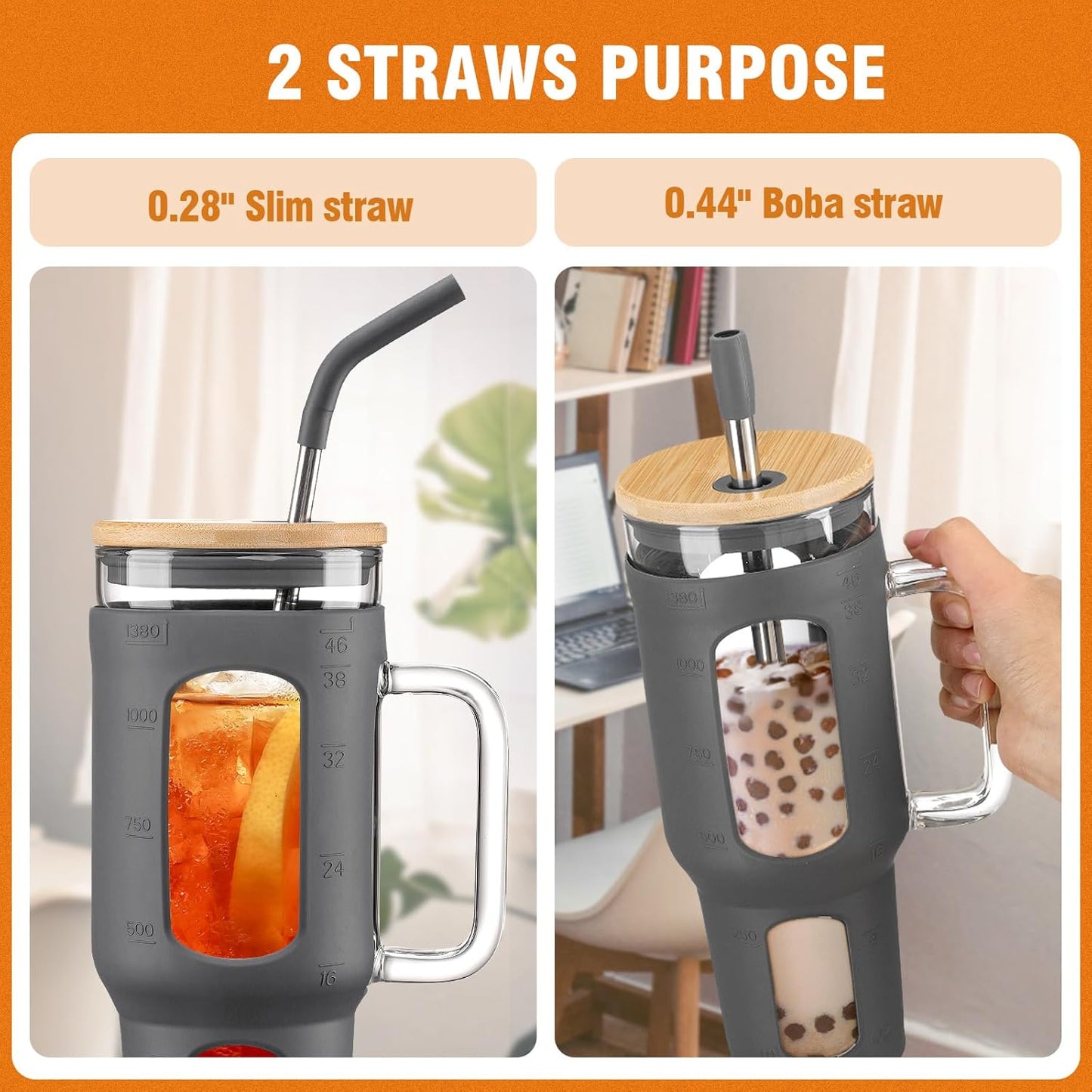 Glass Tumbler with Lid and Straw, 46 oz Iced Coffee Cup with Handle, Large Water Bottles with Silicone Sleeve, Glass Cup with Straws - Pearl Straw & Drinking Straw BPA Free-Grey