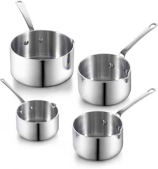 Cooks Standard Stainless Steel Butter Warmer Pot Set, 0.15/0.29/0.46/0.68 QT Multi-Ply Clad Small Sauce Pans, Mini Butter Chocolate Milk Melting Pot with Pour Spout, 4-Piece