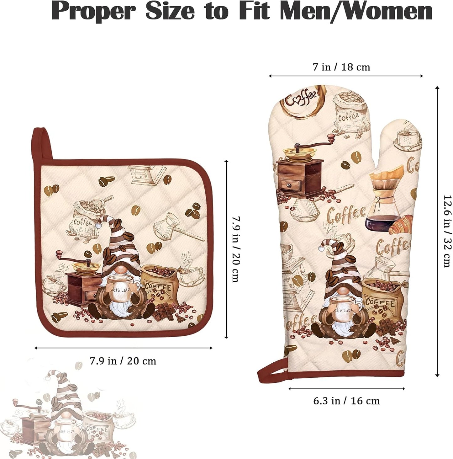 Coffee Gnome Oven Mitts and Pot Holders Sets 2Pcs, 100% Cotton Heat Resistant, Extra Long Oven Gloves Potholder for Kitchen Cooking Baking Decoration