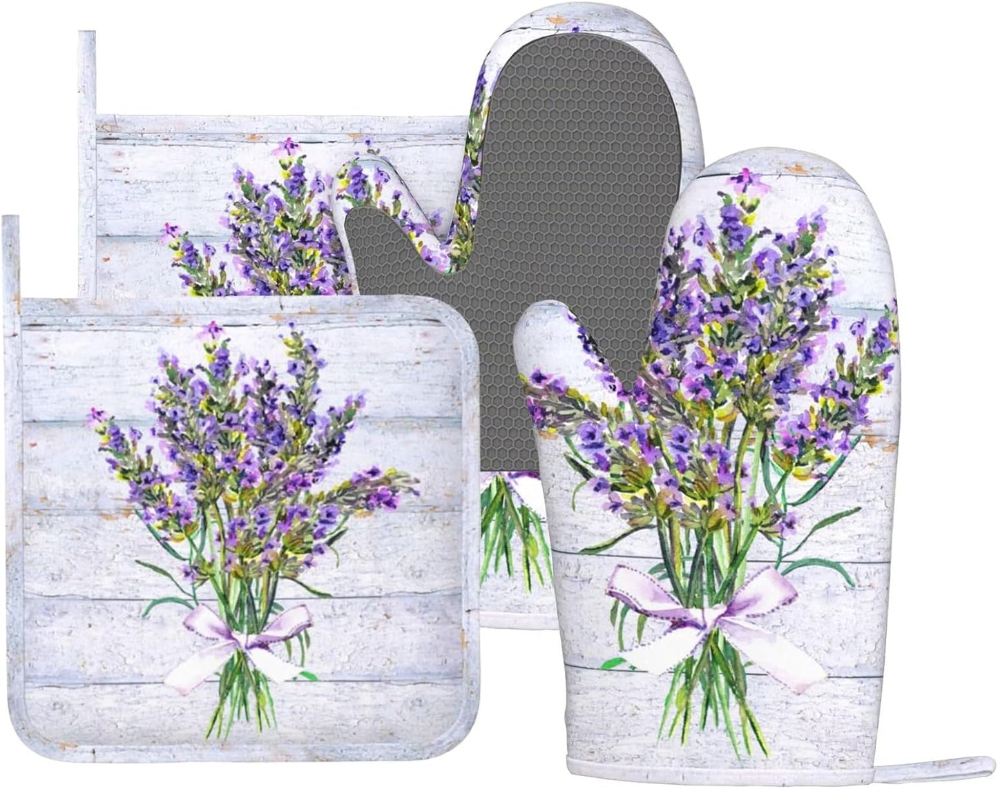 Wood Spring Lavender Oven Mitts Pot Holders Set Silicone Lavenders Kitchen Oven Mitts Heat Resistant Potholders Non-Slip 4pcs Hot Pads and Lilac Flower Oven Gloves Sets for Baking