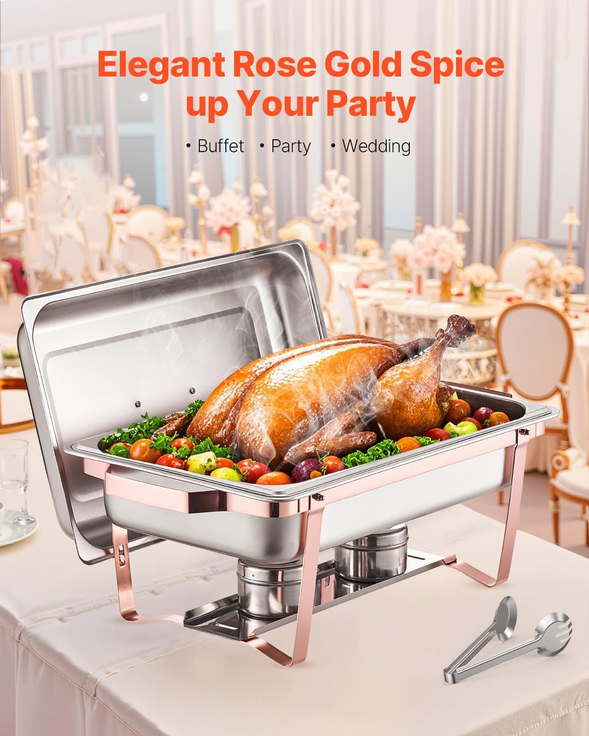 VEVOR Chafing Dish Buffet Set, 8 Qt 2 Pack, Stainless Steel Chafer with 2 Full Size Pans, Rectangle Catering Warmer Server with Lid Water Pan Stand Fuel Holder, for Wedding Party Banquet, Rose Gold