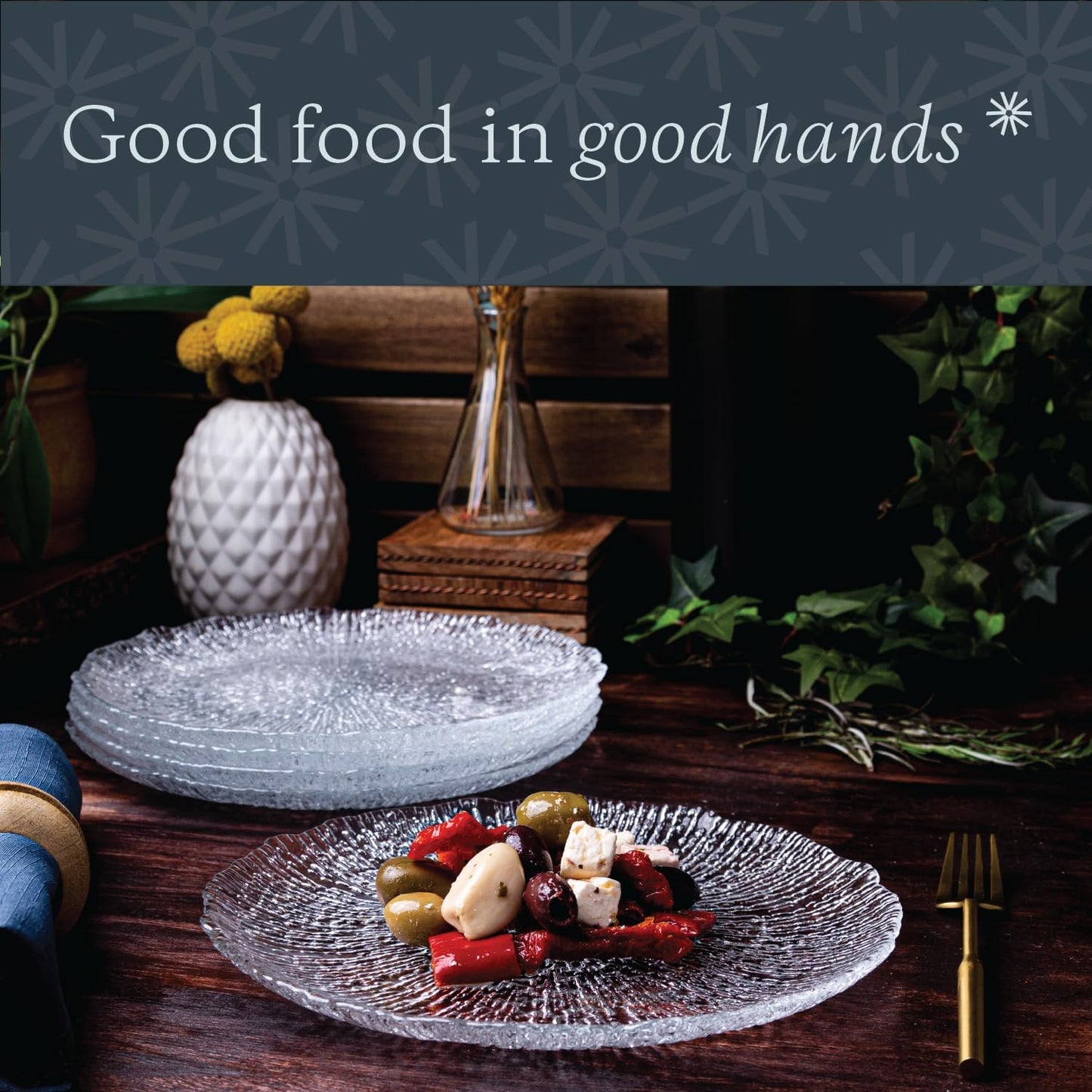 Vikko Salad Plate, Set of 6 Glass Plates, 8.5 Inch Dessert, Salad, Appetizer Plate, Elegant Textured Glass Design, Stackable Plates For Special Occasion, Dishwasher Safe