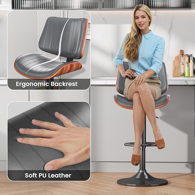 Swivel Bar Stools Set of 1, Adjustable Bentwood Barstools for Kitchen Counter, Modern PU Leather Upholstered Bar Chair with Back and Footrest, for Kitchen Island, Bar, Dining Room, Gray
