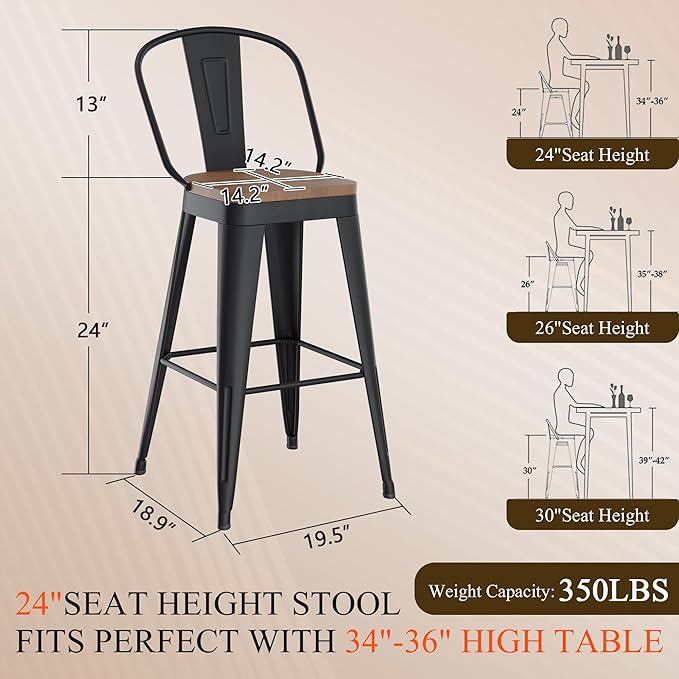 Aklaus Swivel Metal Bar Stools 24 inch Swivel Counter Height Barstools Set of 2 Modern Farmhouse Bar Chairs with High Backs and Large Wooden Seat for Kitchen Island Dining Room Matte Black