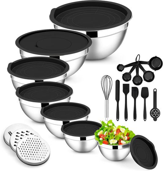 E-far Mixing Bowls with Lids Set, 21PCS Stainless Steel Salad Mixing Bowls with 3 Grater Attachments, Size 7, 4.6, 3.5, 2.6, 2, 1.5, 1QT, Nesting Design & Black Airtight Lid, For Baking/Prepping