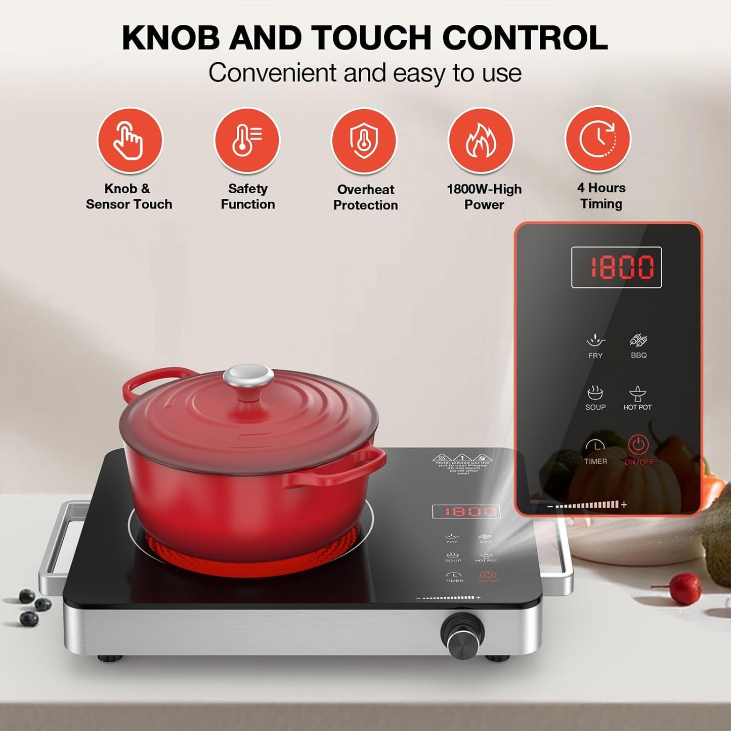 Electric Cooktop,Portable Electric Cooktop 1800W Single Burner Stove with Plug,Hot Plate Countertop,110V-120V Infrared Burner,Child Safety Lock,Timer,Touch and Knob Control