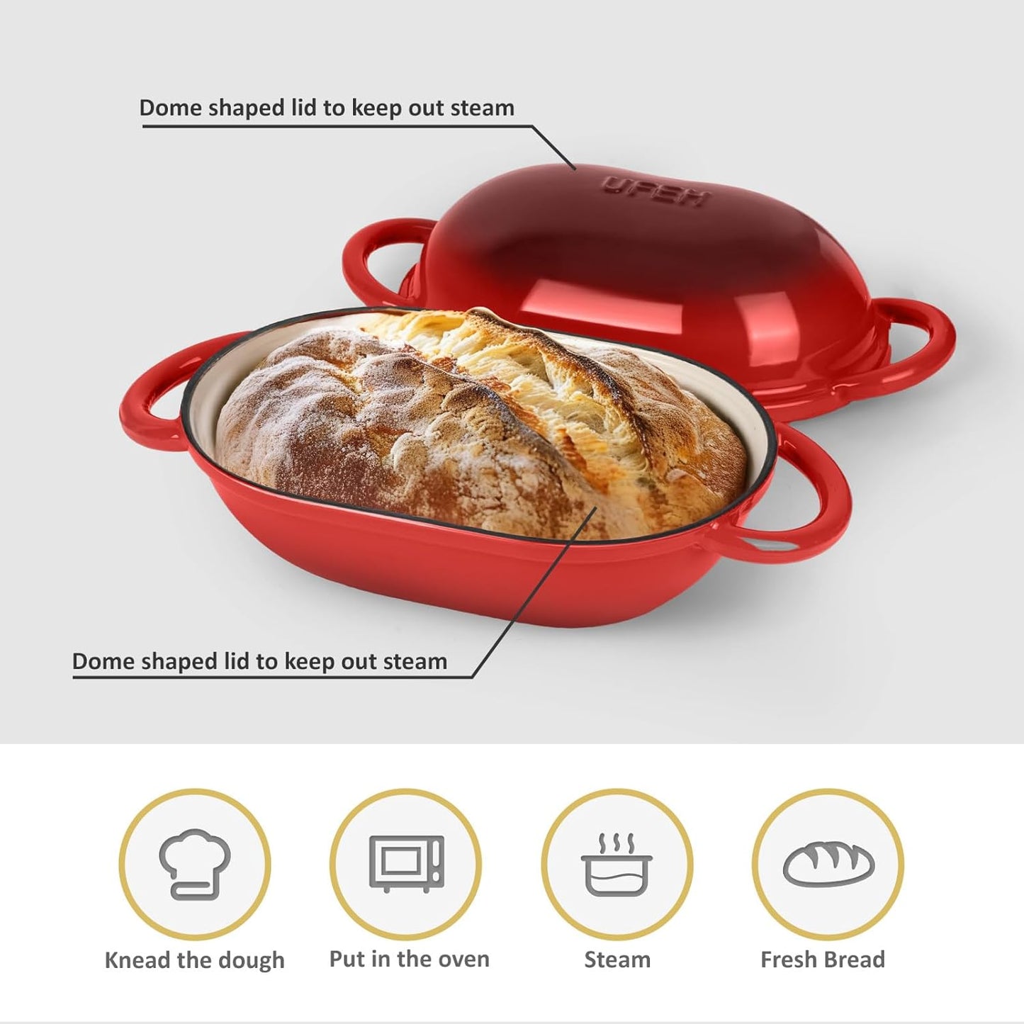 Dutch Oven for Bread Baking – Premium Cast Iron Pot with Lid – Perfect for Sourdough, Artisan Loaves & No-Knead Bread – 2 QT / 1.9L (Enameled, Round, Oven & Stovetop Safe), Red