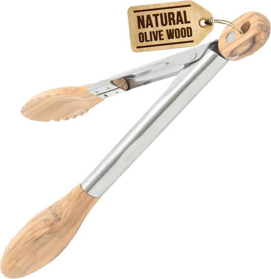 Boxiki Kitchen Tongs for Cooking with Wooden Tips - Wooden Tongs Ideal for BBQ, Salad, Toaster, Bread & Pickles - Made of Natural Olive Wood, Size 12 Inch