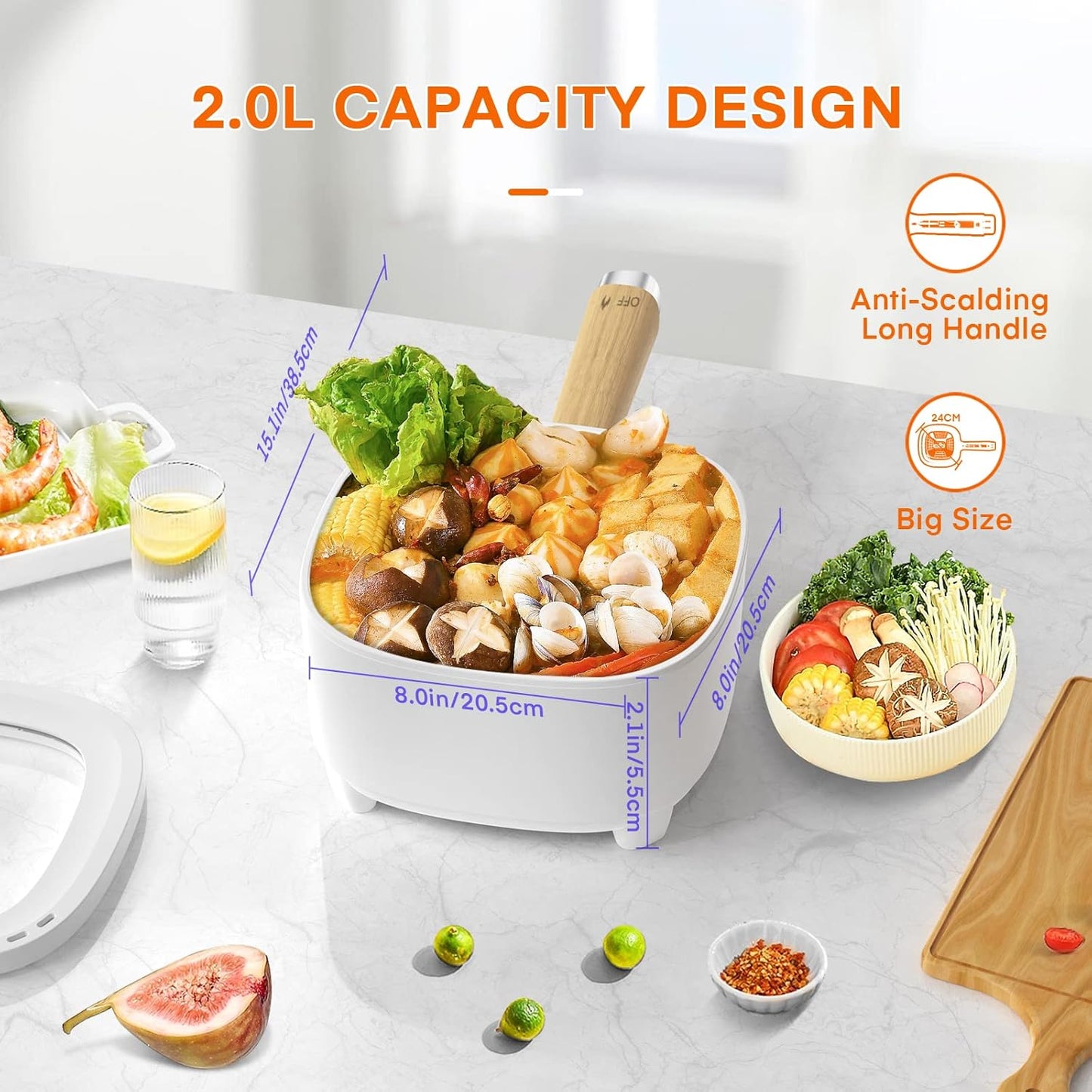 Audecook Hot Pot Electric 2L, Cermic Glaze Non-Stick Frying Pan 8 Inch, Portable Travel Cooker for Ramen/Steak/Fried Rice/Oatmeal/Soup, with Dual Power Control (Silicone Spatula Included)