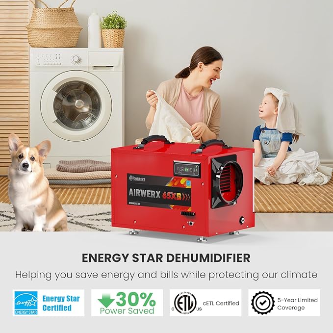 BaseAire 120 Pints Crawl Space Dehumidifiers with Pump Drain Hose, Energy Star Dehumidifier for Commercial, Basement, Kitchen, Industry Up to 1,300 sq. ft., Large Capacity, Compact, Auto Defrost