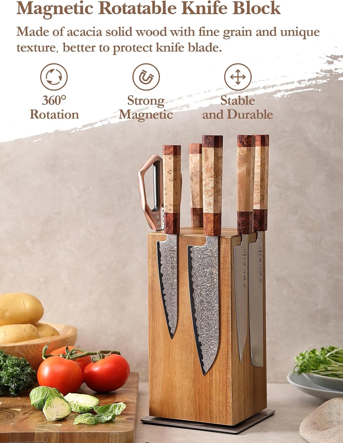 HEZHEN Magnetic Rotating Knife Holder without Knives, Acacia Wood, 360° Knife Block for Kitchen Counter, Space-saving and Larger Capacity Knife Storage, Strong Enhanced Magnets Strip