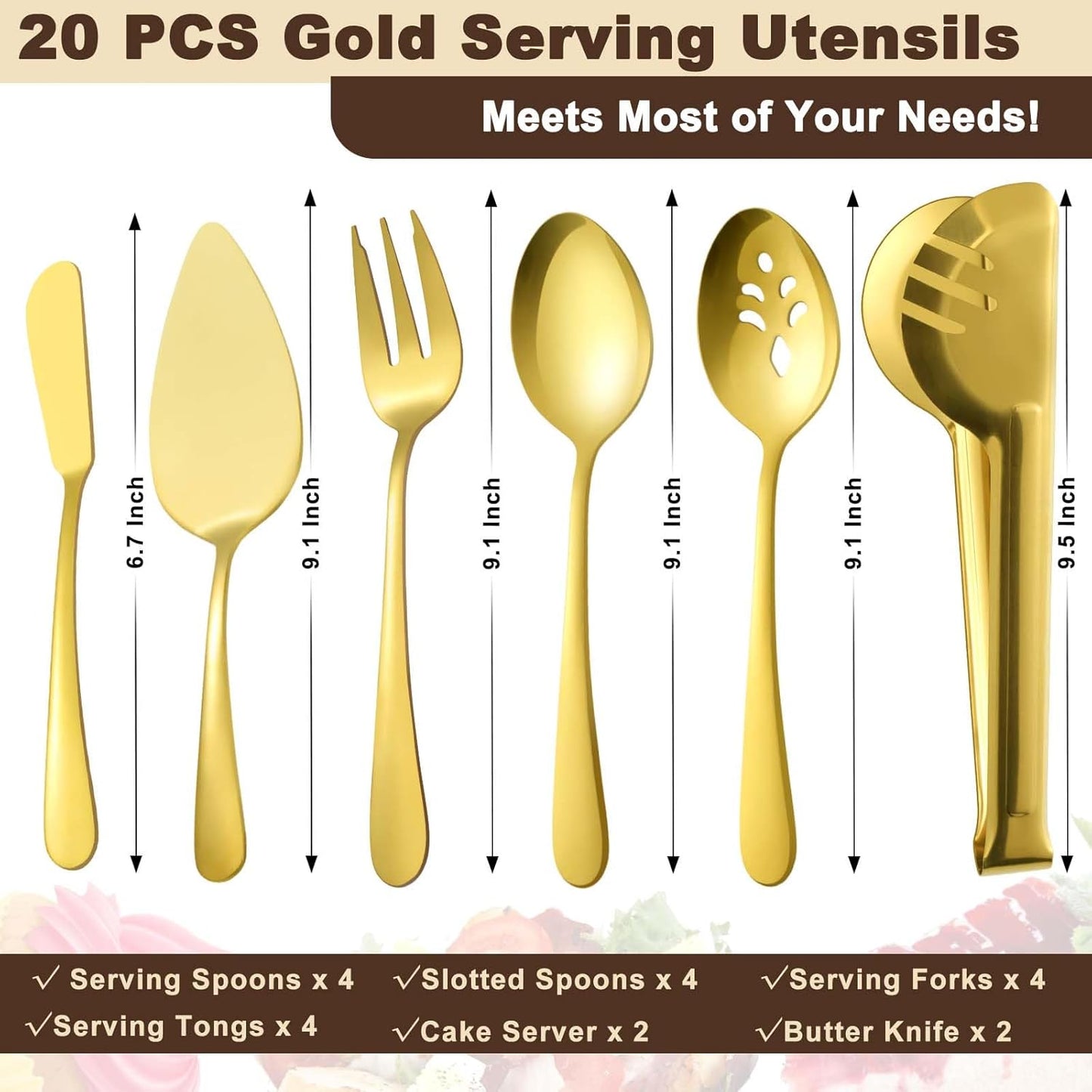 BEWOS Gold Serving Utensils, 20-Piece Serving Utensils set, Gold Serving Spoons, Slotted Spoons, Tongs, Forks, Cake Server, Butter Knife, Stainless Steel Serving Utensils for Parties, Dishwasher Safe
