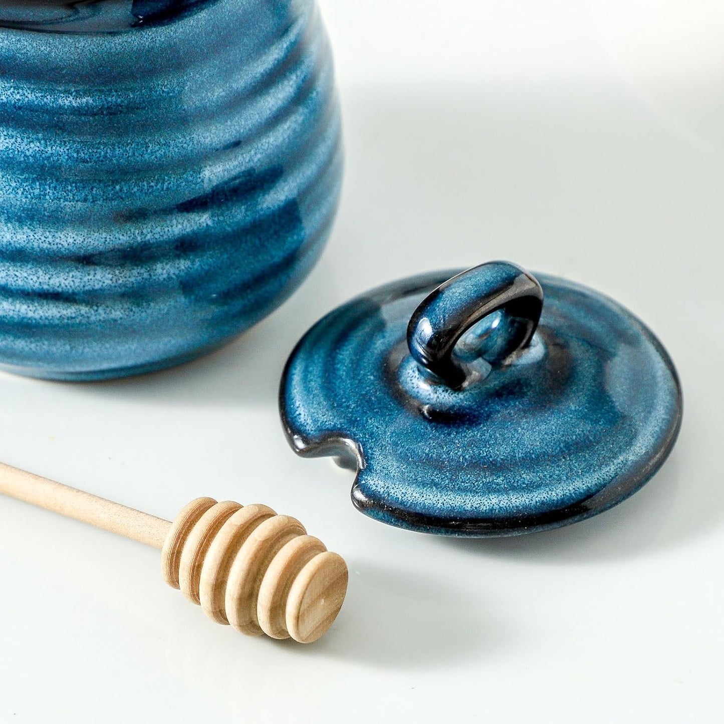 Ceramic 12 Ounce Honey Jar and Dipper Set,Porcelain Honey Pot with Lid and Wooden Dipper,Cute Honey Containers for Party,Holiday,Halloween Favors,Farmhouse Kitchen Decor,Dishwasher Safe,Blue