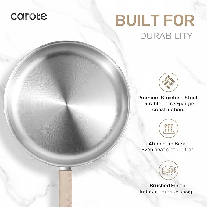 CAROTE 7 Pcs Stainless Steel Cookware Set, 3-ply Base Induction Available Stainless Steel Pots and Pans Set, Tempered Glass Lids, Induction Kitchen Cookware Sets, Stay-Cool Handles