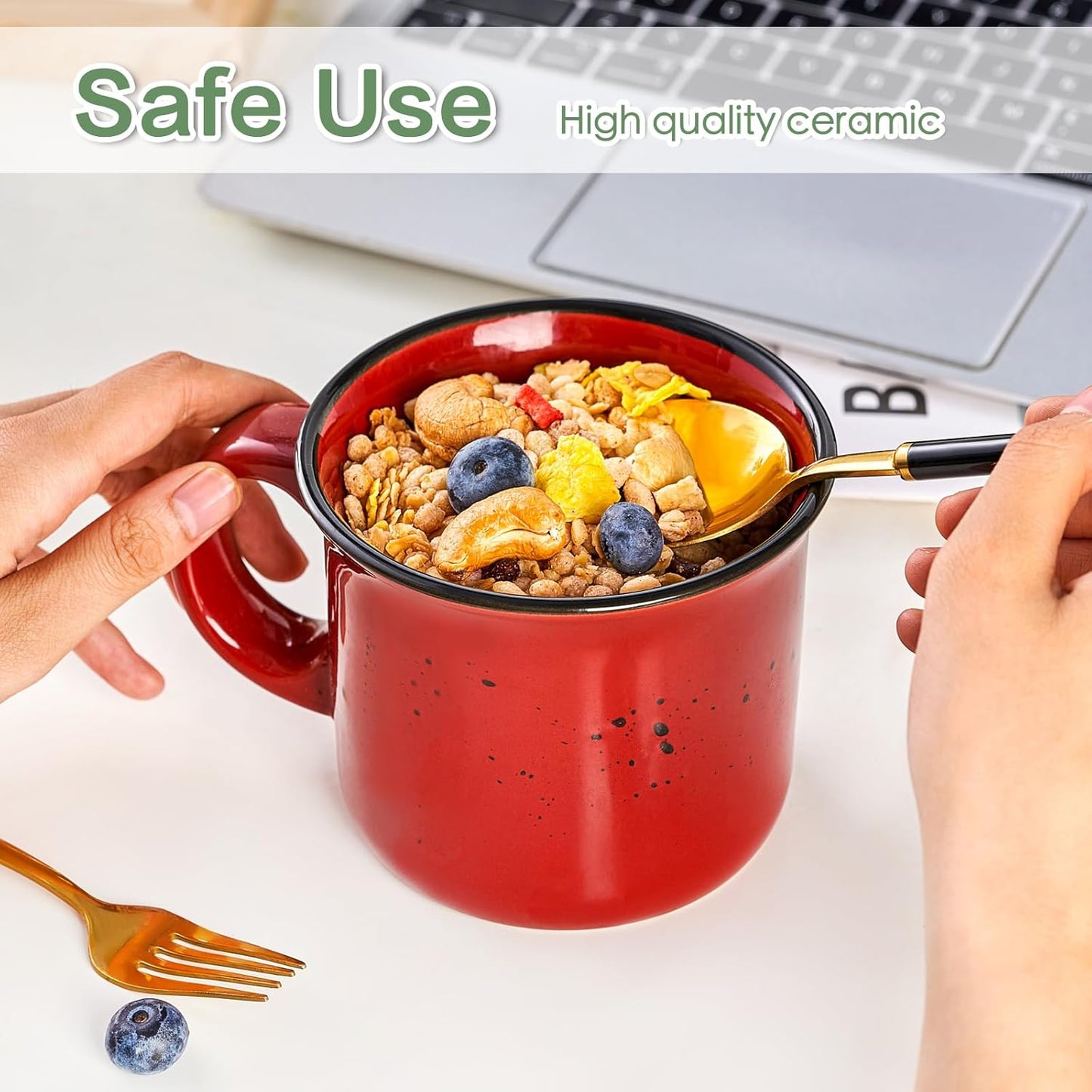 bestone Coffee Mugs Set of 4，16 oz Large Coffee Mugs, Ceramic Mugs with Handles,Salad,Noodles etc Coffee Mugs, Cups for Coffee Cereal Latte ，Microwave & Dishwasher safe，Red