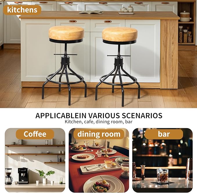 Swivel Bar Stools Set of 2 Adjustable Swivel Round Barstools Modern PU Leather 28inch Backless Counter Height Stool Metal Industrial Bar Chair for Kitchen Island (2, Ash Wood PU Leather)