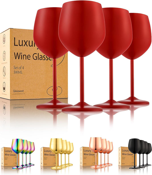 Stainless Steel Wine Glasses Set of 4 Unbreakable Wine Glass 18 oz Unique Metal Wine Goblets for Outdoor, Travel, Camping, Pool, Ideal Gift for Wine Lovers (Matte-Red)