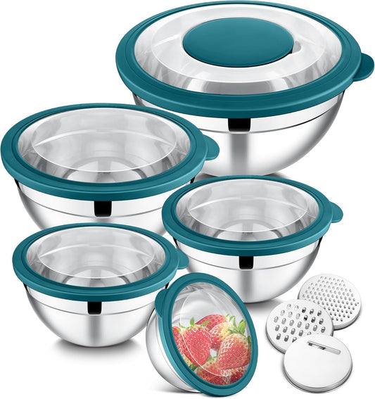 E-far Mixing Bowls Set of 5, Stainless Steel Salad Mixing Bowl with Transparent Lid, Metal Nesting Bowl Attach with 3 Graters for Kitchen Prepping/Serving/Baking/Storage, 4.6/2.6/1.5/1/0.7 QT - Blue