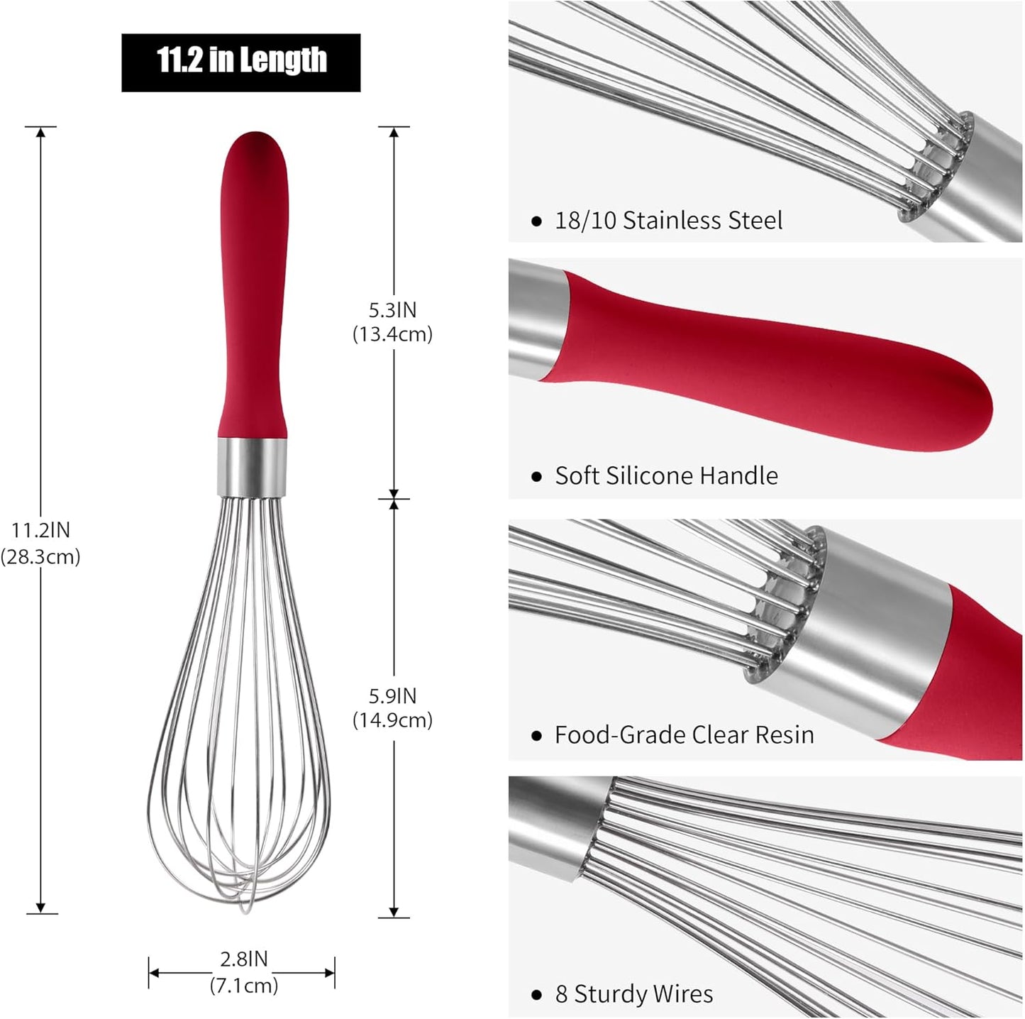 18/8 Stainless Steel Balloon Whisk, Doosu Kitchen Whisk for Cooking Handheld Egg Beater with Rust-Proof Sturdy Wires & Non-Slip Silicone Handle for Beating, Stirring, Blending (8 Wires, Red)