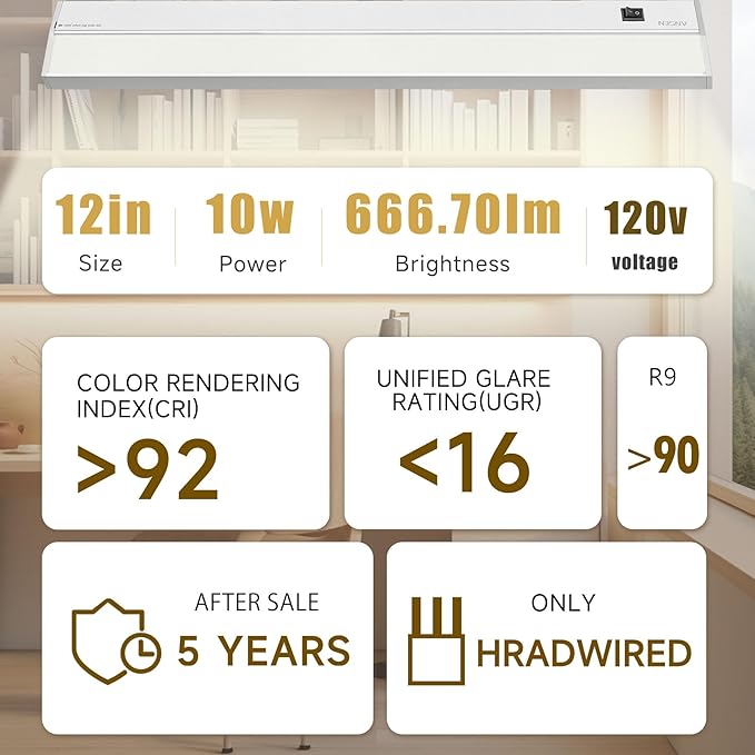Ansen Hardwired Under Cabinet Lighting, 12in 10W LED Light for Kitchen/Closet, 666.7lm, CRI>92, R9>90, Dimmable, 3 Color Temperature, 3000K/4000K/5000K(Warm White, Cool White, Daylight)