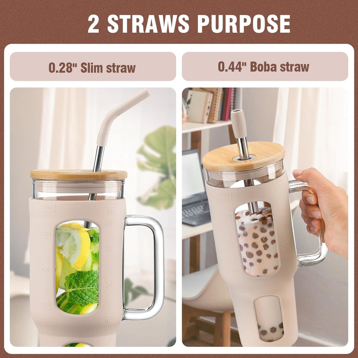 Glass Tumbler with Lid and Straw, 46 oz Iced Coffee Cup with Handle, Glass Water Bottles with Silicone Sleeve, Glass Cup with Straws - Pearl Straw & Drinking Straw BPA Free-Amber