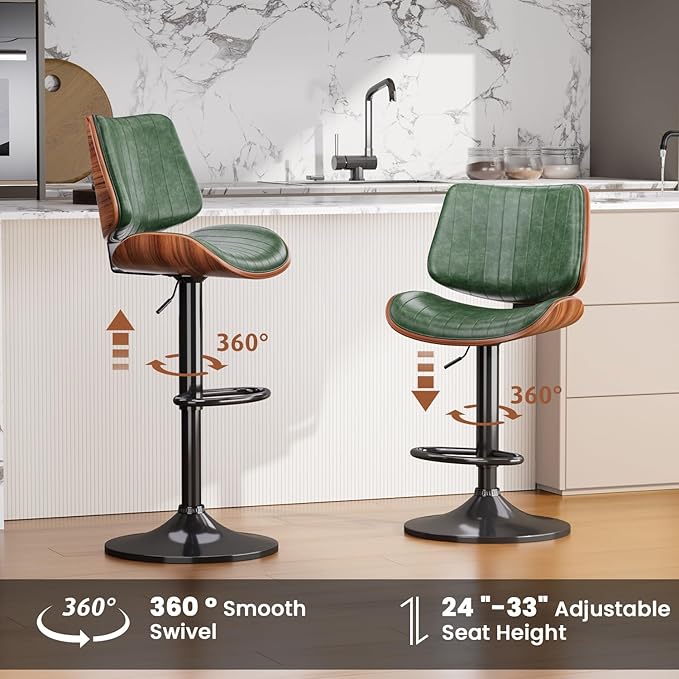 Swivel Bar Stools Set of 4, Adjustable Bentwood Barstools for Kitchen Counter, Modern PU Leather Upholstered Bar Chair with Back and Footrest, for Kitchen Island, Bar, Dining Room, Green