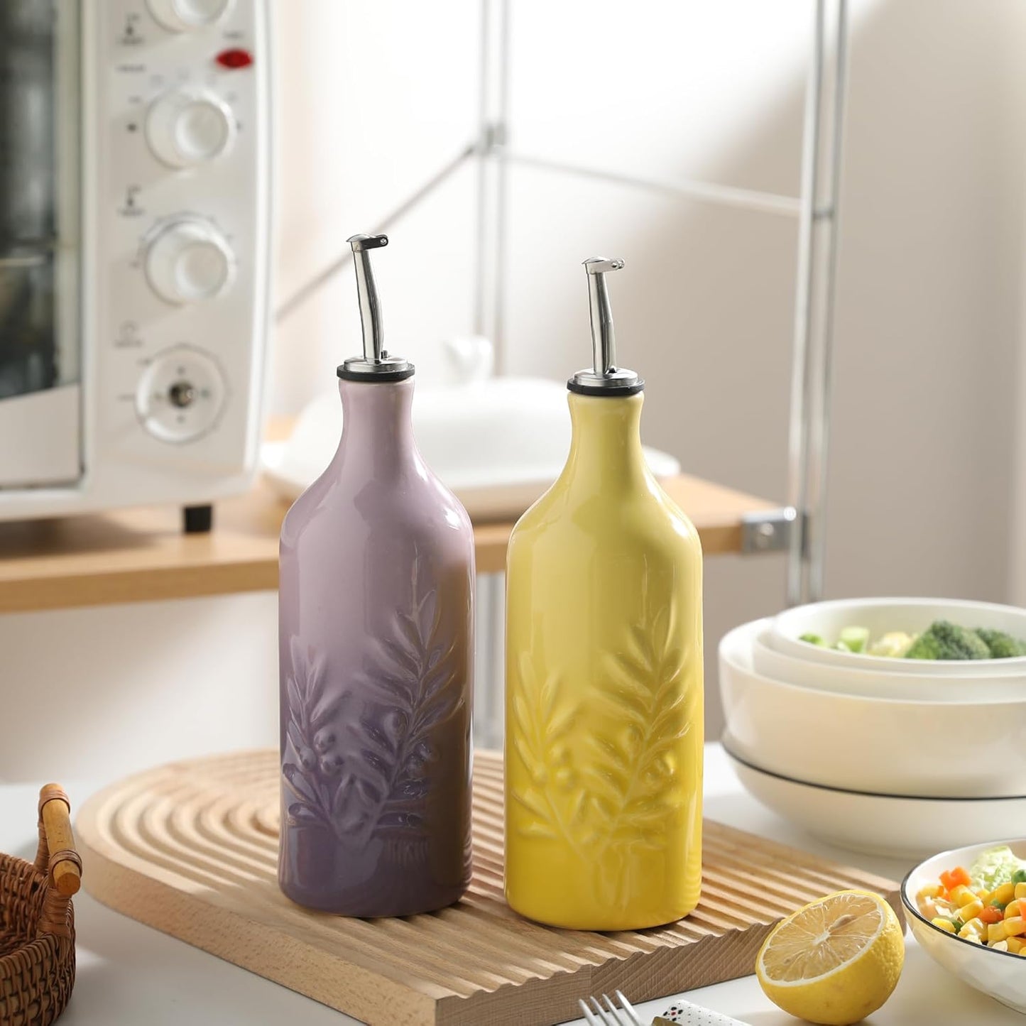 Sweejar Ceramic Olive Oil Dispenser Bottle, 20 Oz Relief Opaque Oil Cruet Protects To Reduce Oxidation, Suitable for Storage Soy Sauce, Coffee Syrup, Liquids, Set of 1 (Gradient Purple)