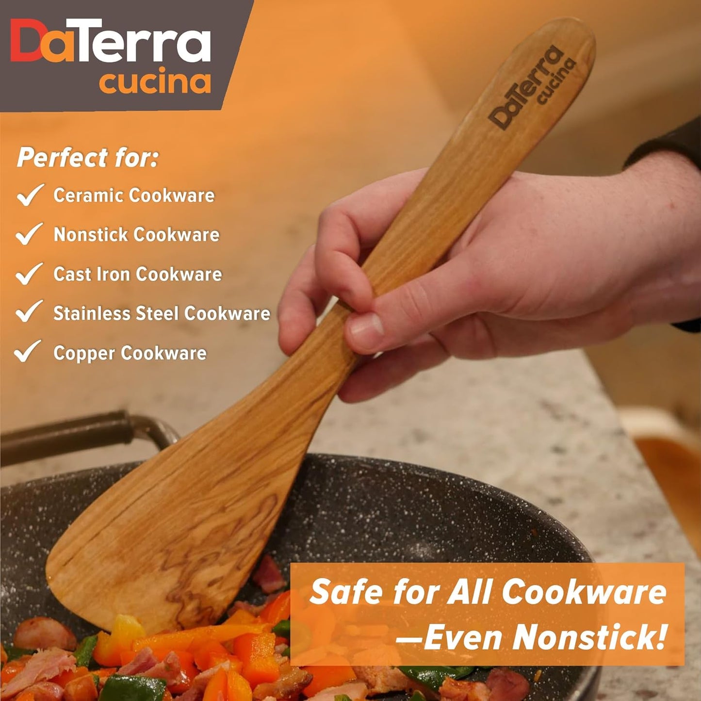 12-Inch Olive Wood Cooking Tools – 5-Piece Wooden Kitchen Utensils Set with Spoons, Spatulas & Cooking Tools – Wood Kitchen Utensils Set for Cooking – Crafted Wood Essentials by DaTerra Cucina