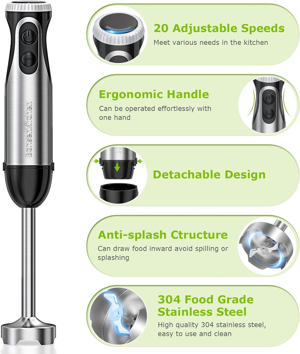Bonsenkitchen Immersion Handheld Blender with Whisk, 20-Speed & Turbo Mode Hand Blender Stick 500W, 304 Stainless Steel Hand Blender for Soup, Smoothie, Puree, Baby Food
