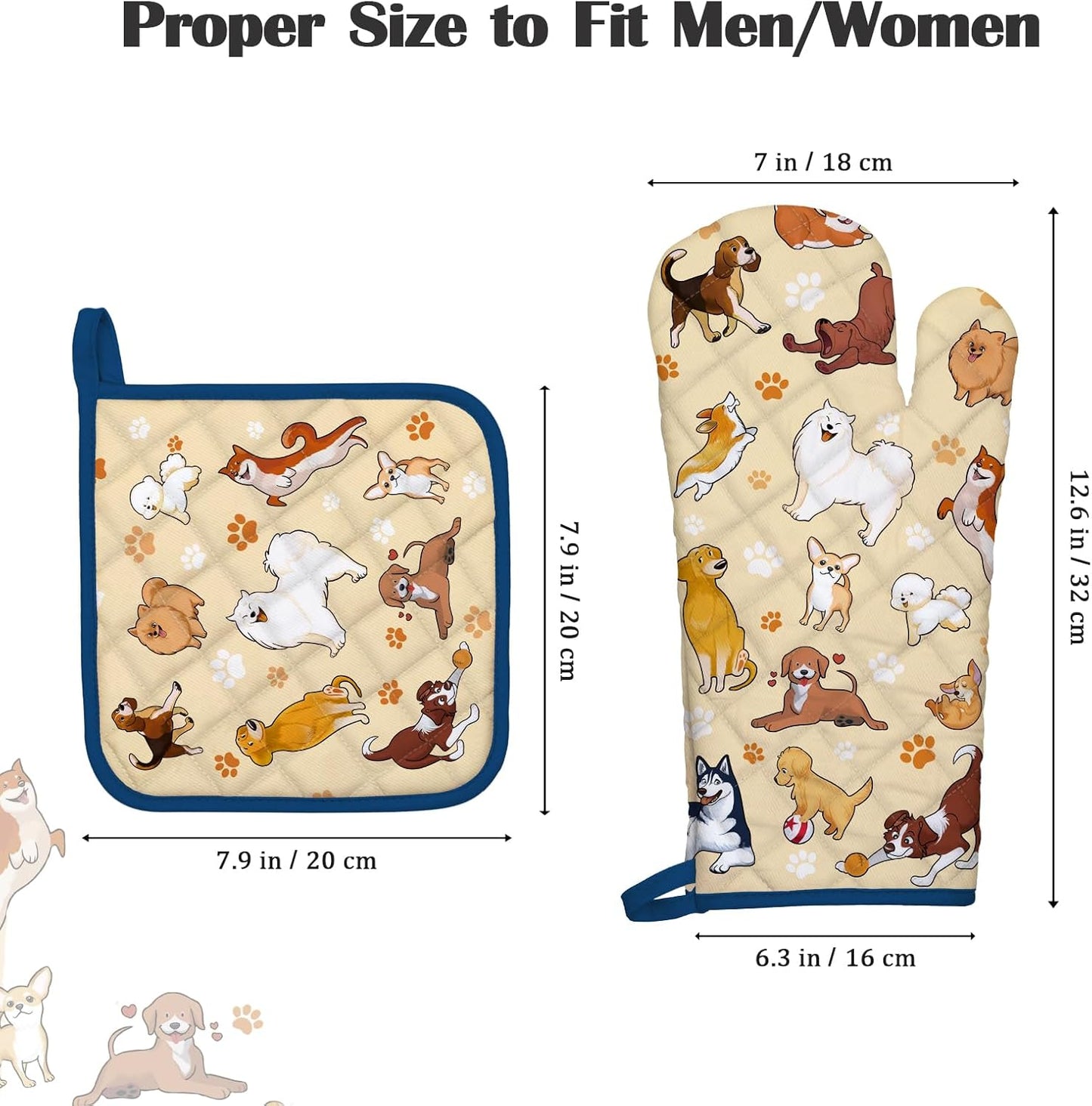 Dogs Oven Mitts and Pot Holders Sets 100% Cotton Heat Resistant, Extra Long Oven Gloves Potholder for Kitchen Cooking Baking Housewarming