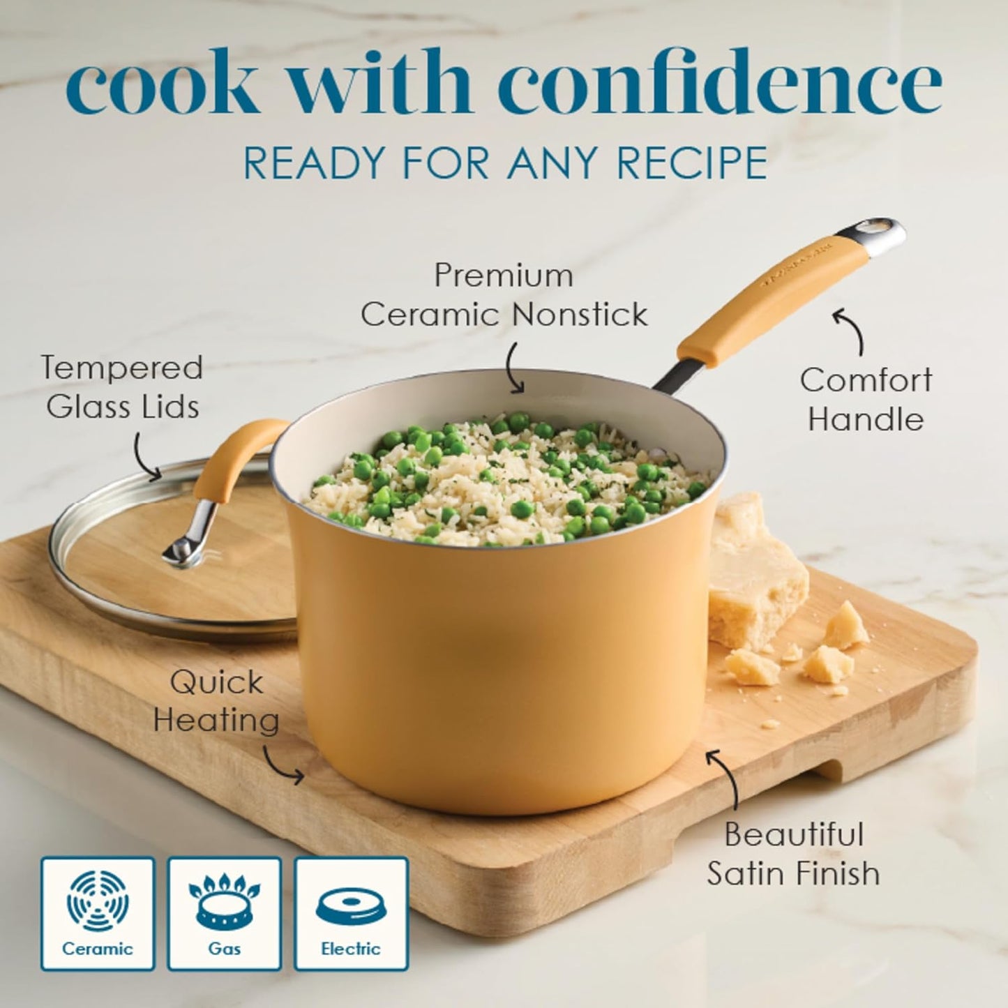 Rachael Ray Cucina Ceramic Cookware Set - 13 Pieces - Ceramic Pots and Pans Set w/Nonstick Frying Pans, Saute Pan, Saucepans, Stockpot, Lids, Pan Protectors & Cooking Utensils - Turmeric