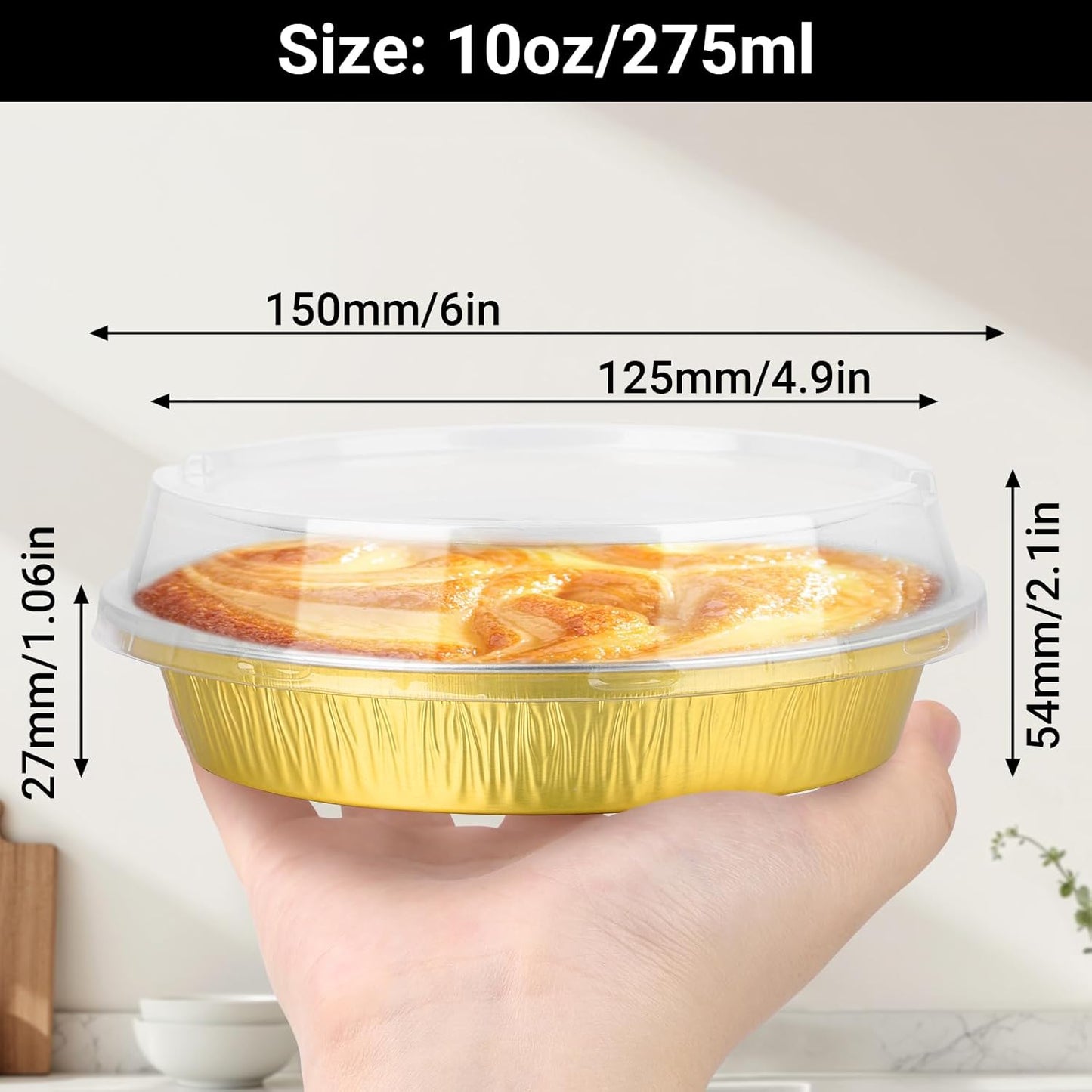 EUSOAR Mini Cake Pans with Lids, 100pcs 10oz/275ml Gold Baking Cups Cupcake Liners, Round Aluminum Cheesecake Container Cheesecakes Muffins Liners Pie Wrappers for Bakery Wedding Birthday Party