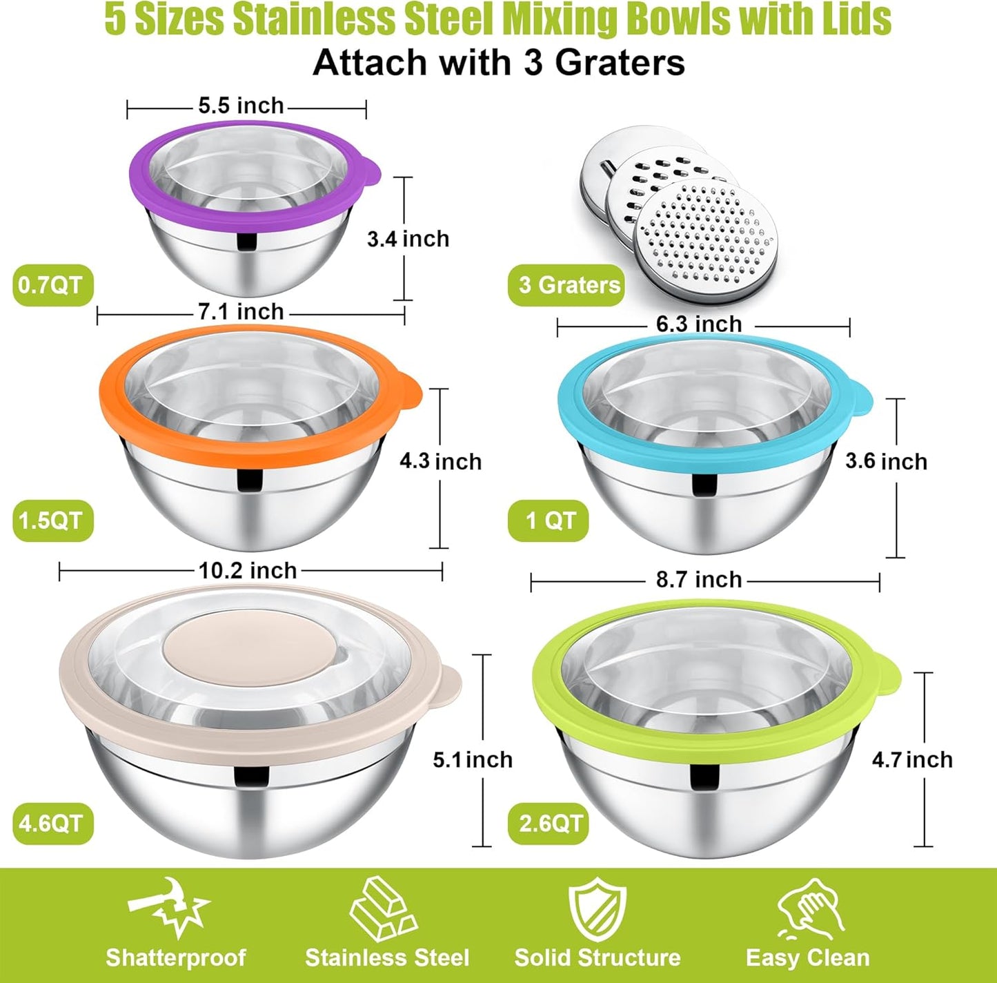 E-far Mixing Bowls with Lids Set of 5, Stainless Steel Salad Mixing Bowl with Transparent Lid, Metal Nesting Storage with 3 Graters for Kitchen Prepping/Serving/Baking, 4.6/2.6/1.5/1/0.7 QT - Colorful
