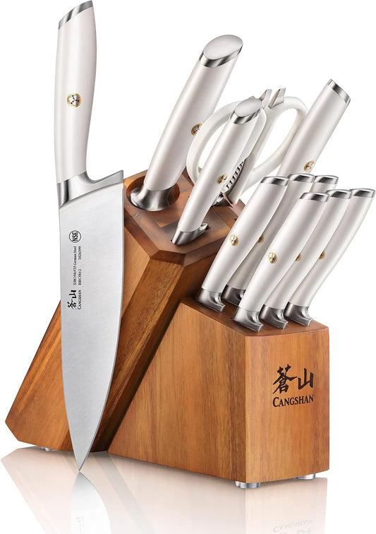 Cangshan L1 Series White 1026078 German Steel Forged 12-Piece Knife Block Set with 6 Steak Knives, Acacia Block
