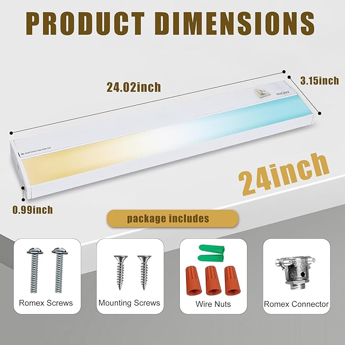 Ansen Hardwired Under Cabinet Lighting, 24in 18W LED Light for Kitchen/Closet, 1237lm, CRI>92, R9>90, 3 Color Temperature, Dimmable, 3000K/4000K/5000K(Warm White, Cool White, Daylight)