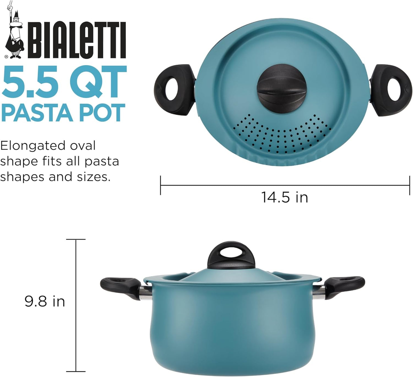 Bialetti Taste of Italy Nonstick Pasta Pot with Strainer Lid, 5.5-Quart, Teal