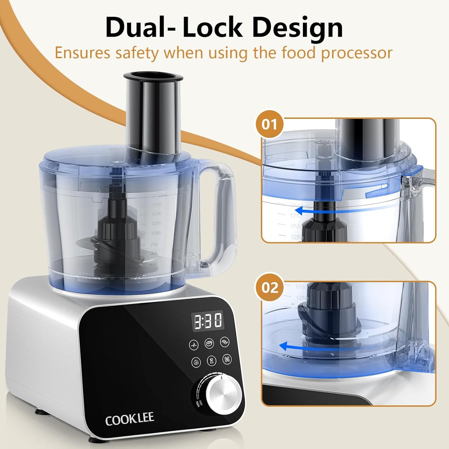 COOKLEE Food Processor, 600 Watts, 6 Functions Electric Food Chopper for Chopping, Mincing, Dicing, Shredding, Slicing, Purees & Dough with 12cup Processor Bowl, Food Chute & Pusher, Silver