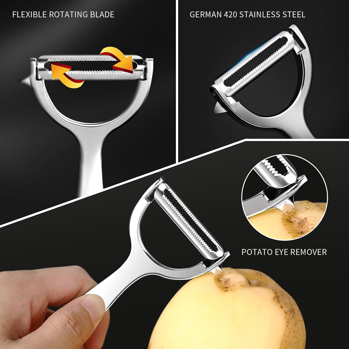 MAD SHARK Ultra Sharp vegetable peelers for kitchen – 10 Years No-Rust Stainless Steel Serrated Potato Peeler Easy to Use Y Peeler with Durable Non-Slip Ergonomic Grips for Carrots, Fruits, Veggie