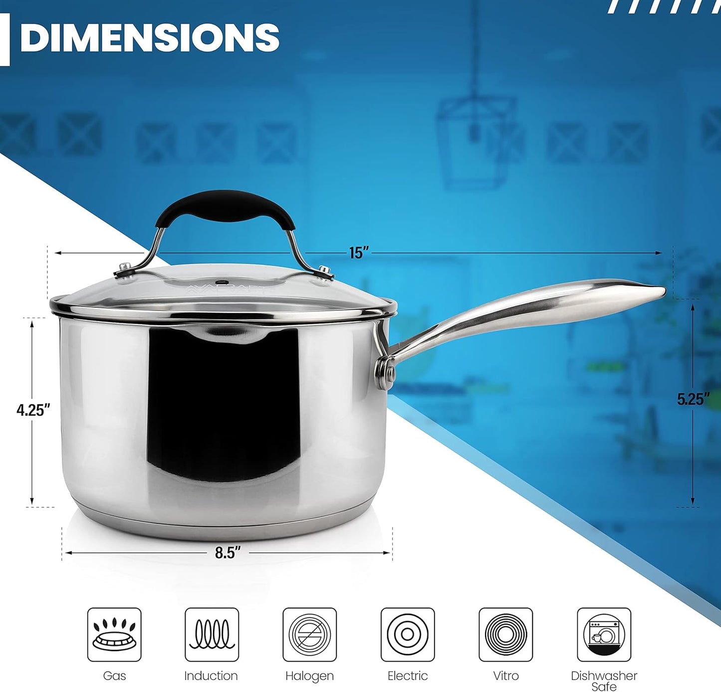 AVACRAFT Stainless Steel Saucepan with Glass Lid, Strainer Lid, Two Side Spouts for Easy Pour with Ergonomic Handle, Multipurpose Sauce Pan, Sauce Pot (5-Ply Capsule Bottom, 3.5 Quart)