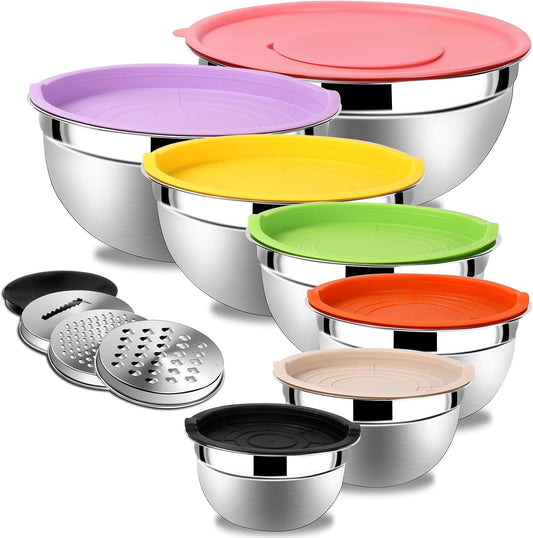 Lazycorner Stainless Steel Mixing Bowls with Airtight Lids Set of 7 Stainless Steel Bowls Set with 3 Grater Attachments Great for Serving & Baking