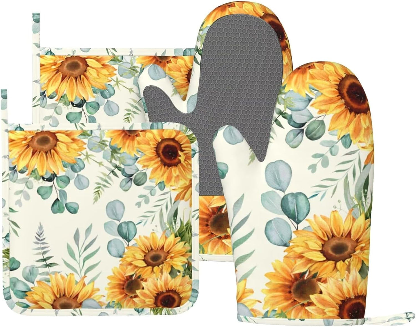 Sunflower Eucalyptus Oven Mitts Pot Holders Set Silicone Heat Resistant Summer Yellow Green Leaves Flowers Oven Mitts and Hot Pads Potholders Non-Slip Oven Gloves for Cooking Baking Grilling