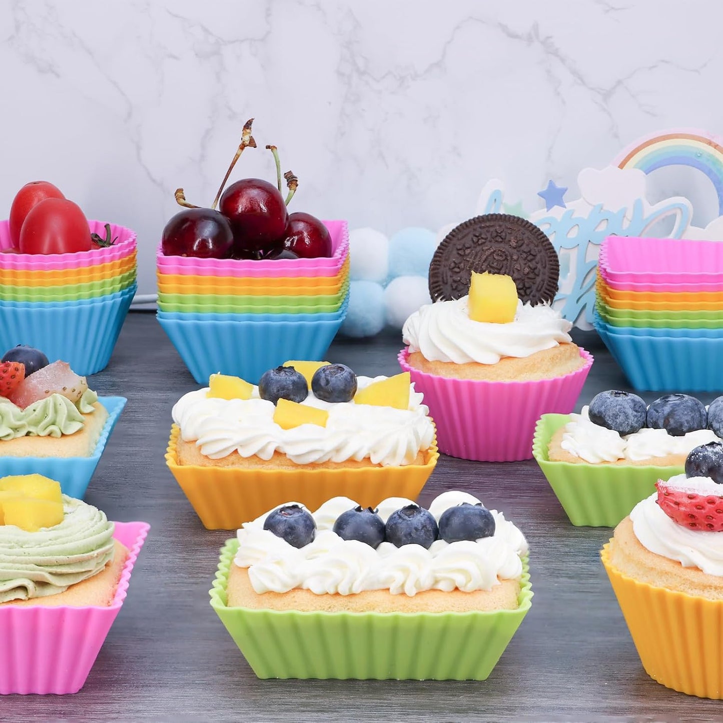 24Pack Silicone Muffin Cups, Reusable Cupcake Liners Molds for Baking, 3 Shapes Lunch Box Bento Dividers-Round, Square, and Rectangular (Colorsful, Regular Size)