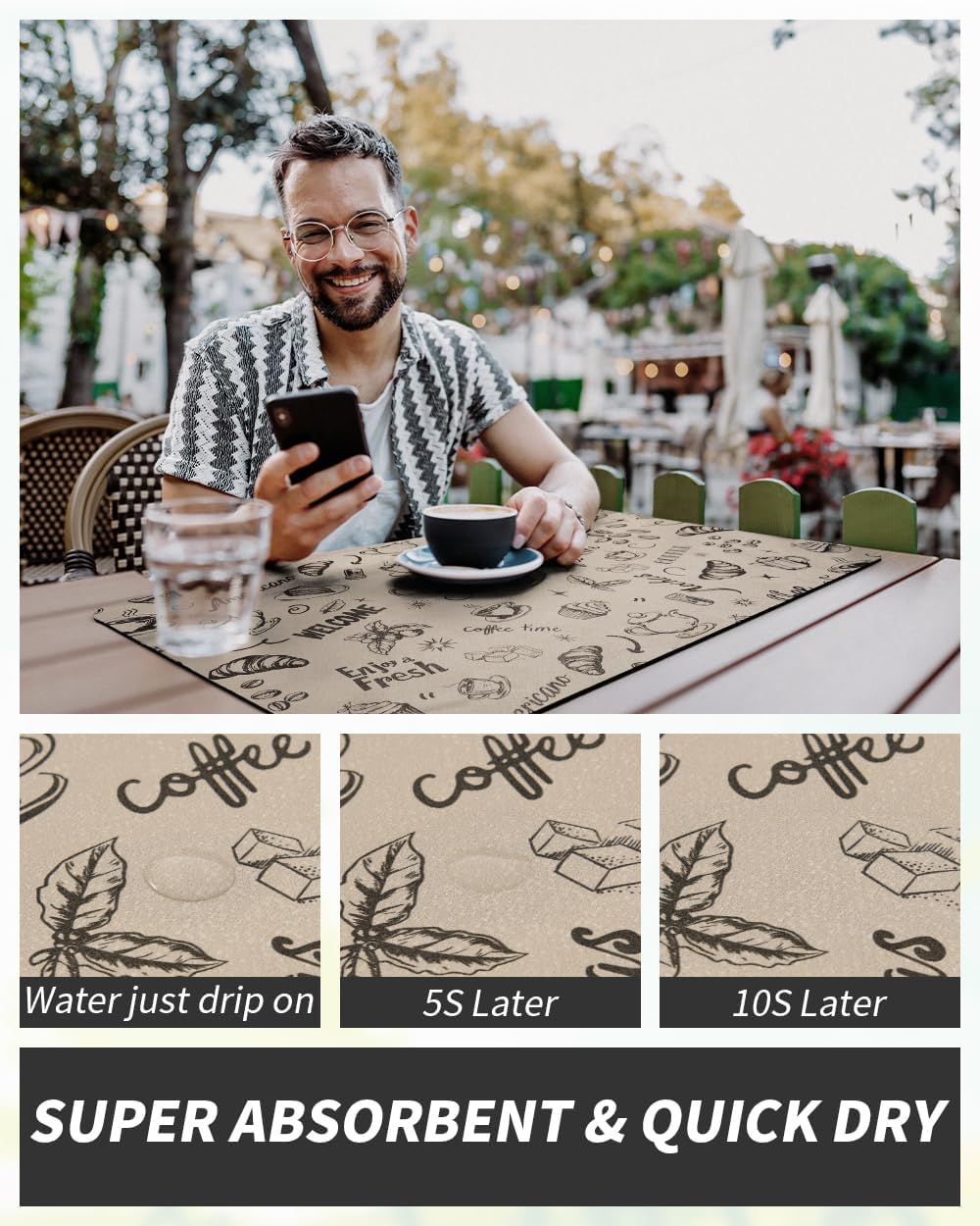 AMOAMI Coffee Mat Hide Stain Rubber Backed Absorbent Dish Drying Mat for Kitchen Counter - Fits Under Coffee Maker & Espresso Machine (17X31.5, MILK TEA)