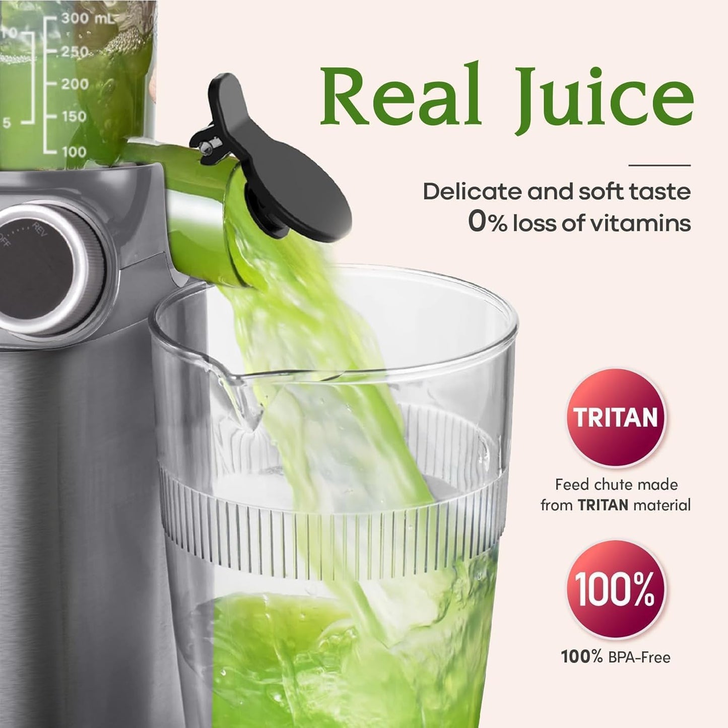 Cold Press Juicer, 200W Slow Masticating Juicer 4.3" Large Feed Chute Fit Whole Fruits Vegetables | Heavy Duty Auger | Tritan Materials | BPA Free | Easy to Clean (Gray)
