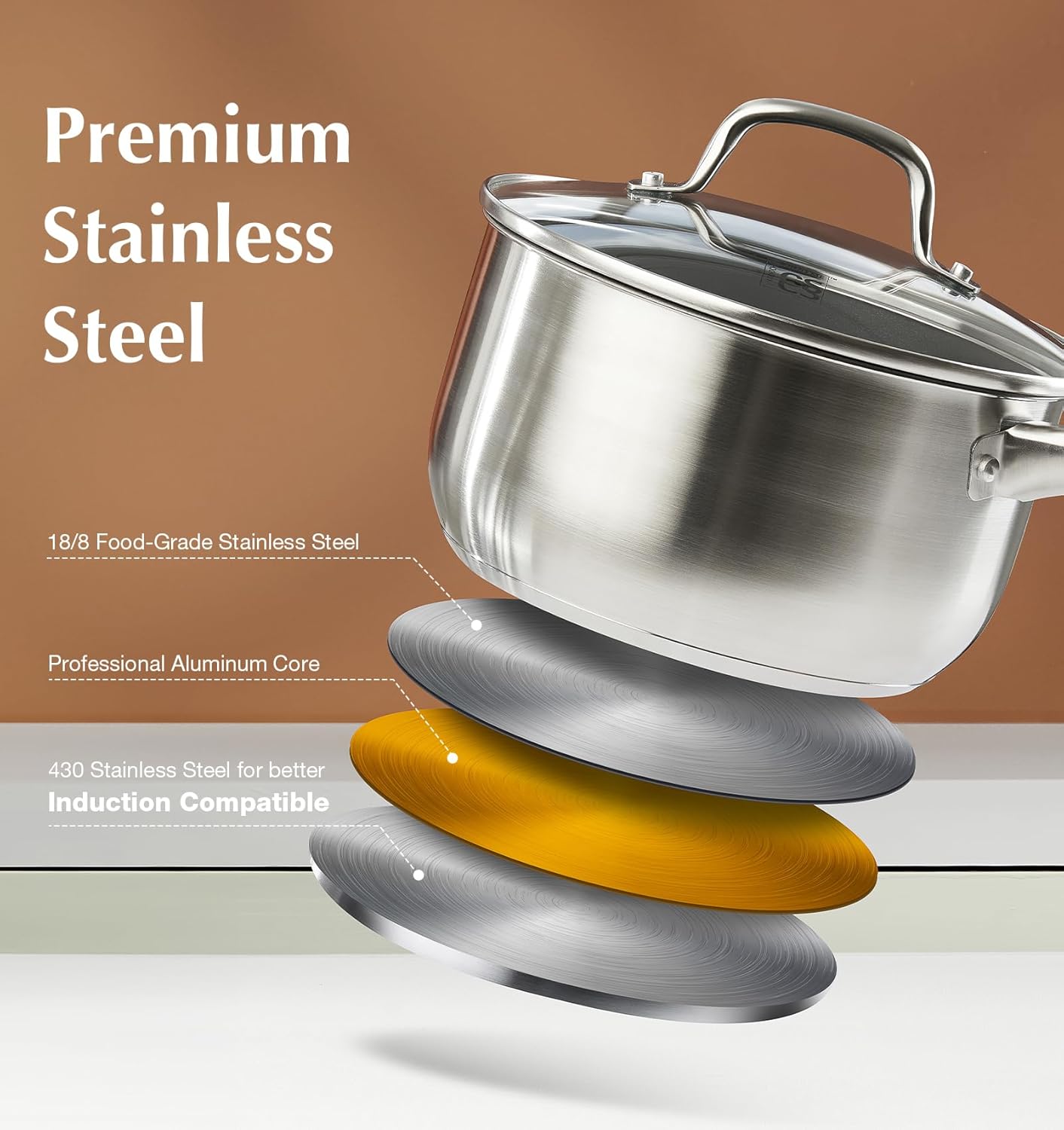 KOCH SYSTEME CS Stainless Steel Saucepan, 3 Quart Sauce Pan with Ultra Nonstick Coating, 3 Quart Saucepan with Lid, Stainless Steel Pot, 3QT Sauce Pot, Induction Compatible