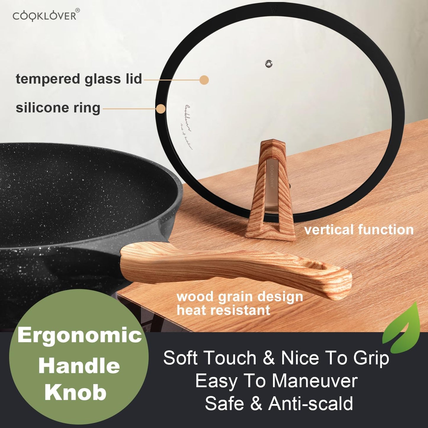 COOKLOVER Nonstick Woks And Stir Fry Pans Die-cast Aluminum Scratch Resistant 100% PFOA Free Induction Wok pan with Lid 12.6 Inch - Black