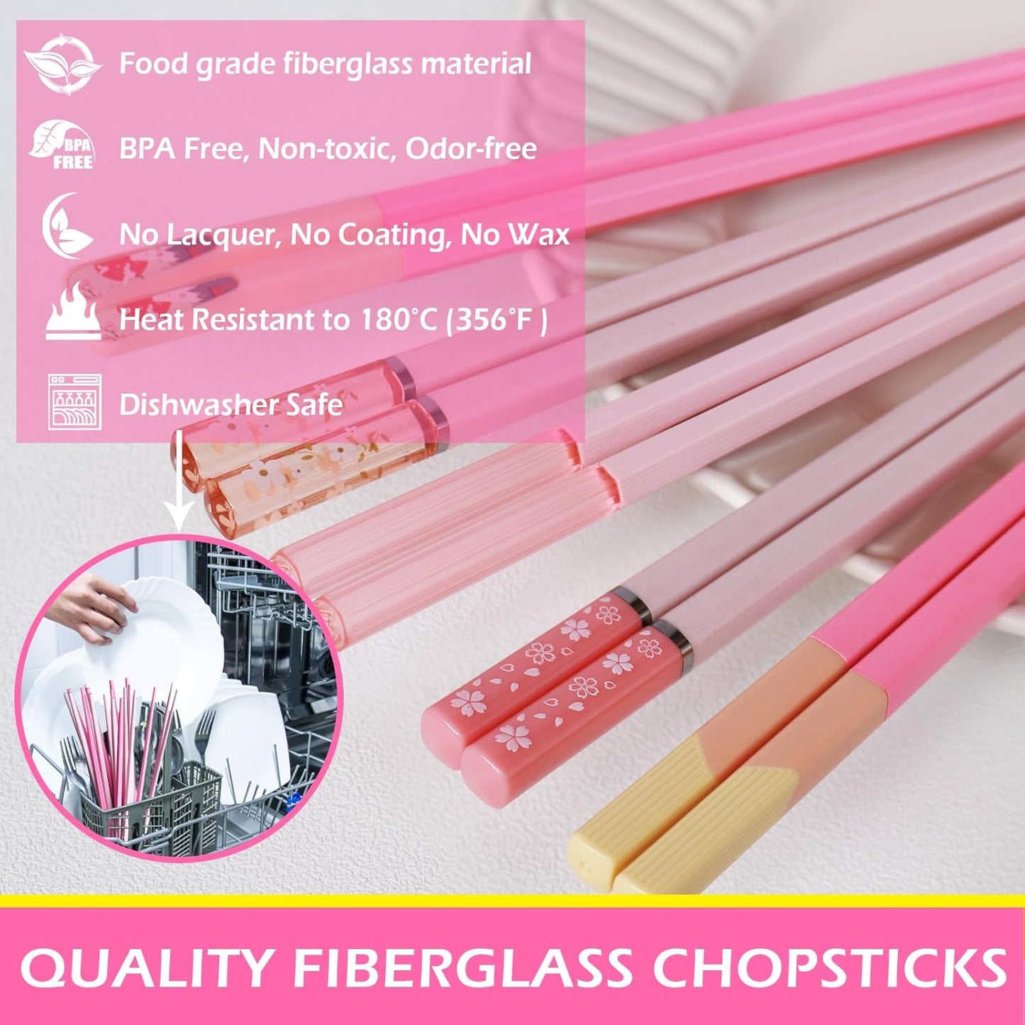 Chopsticks Reusable Dishwasher Safe, GLAMFIELDS 10 Pairs 9.5 Inches Premium Fiberglass Chop Sticks Set for Sushi, Ramen, Asian Cuisine, Non-slip, Pink